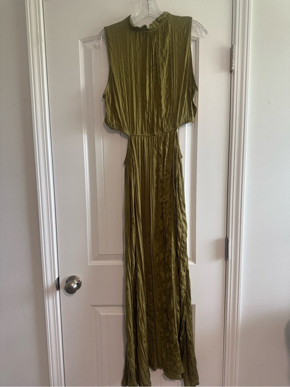 Sleeveless Olive Green Maxi Dress with Textured Pleats and side cutouts
